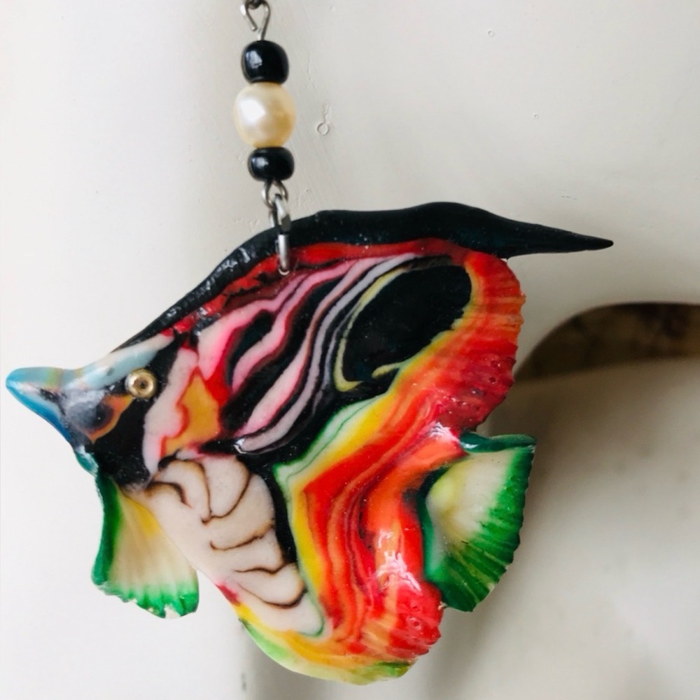 VINTAGE 80’s TROPICAL Beaded ANGEL FISH Pierced EARRINGS